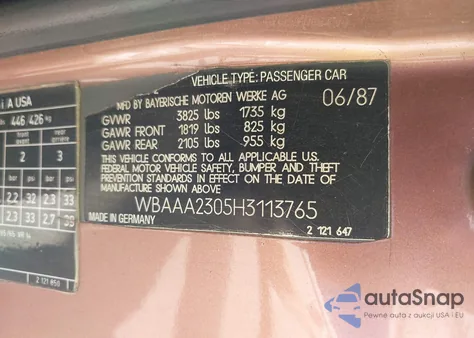 1987 BMW 325 Is Automatic z USA, uszkodzony, nr VIN WBAAA2305H3113765